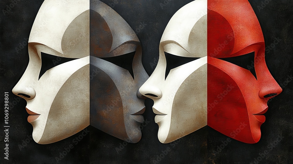 Poster group of three masks facing inwards one side colored red the other white representing duality anonym