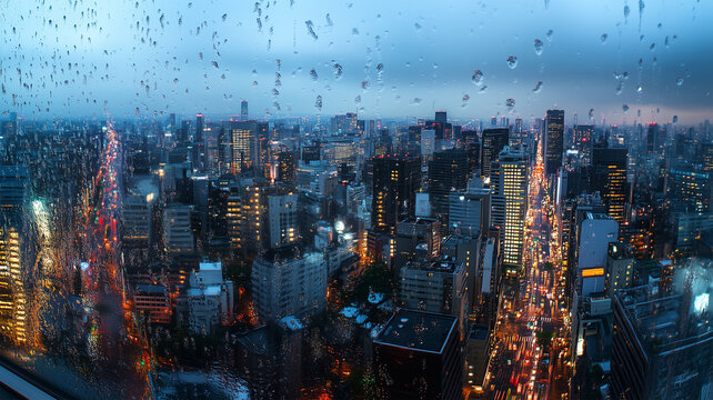 夕暮れ時の新宿、雨上がりの高層ビル街