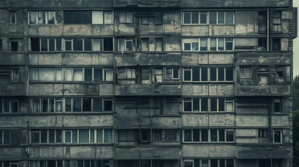 Close-up view of a worn-out concrete apartment building facade, showing damaged windows and aging structure