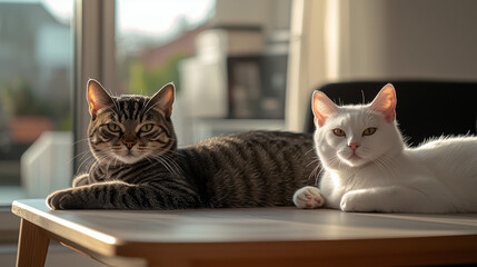 Two cats, a tabby and a white cat, relaxing on a sunlit table indoors in a cozy home setting