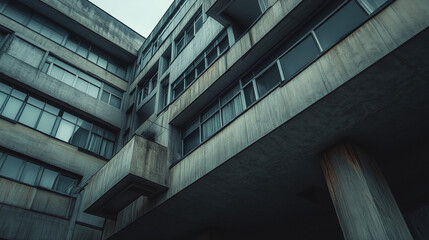 Fototapeta premium Low-angle view of a multi-story building with an aged, concrete facade and repetitive windows, under an overcast sky
