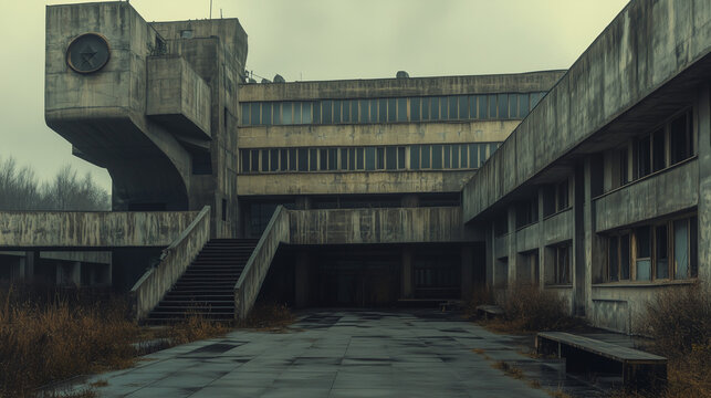 Moody abandoned brutalist architecture with weathered concrete and overgrown foliage, captured in misty light
