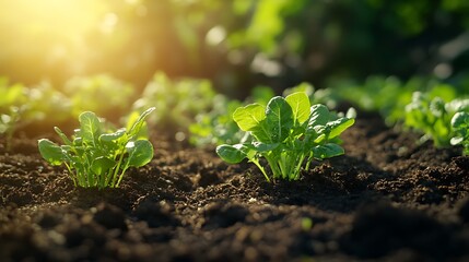 Vibrant green vegetable seedlings growing in healthy fertile soil picture