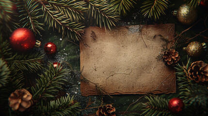 Vintage Christmas card on a background of pine branches and Christmas decorations