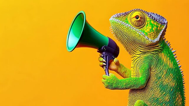 A vibrant chameleon holds a green megaphone against a bright orange background, symbolizing communication and attention. Perfectly illustrates quirky and creative visual metaphors.