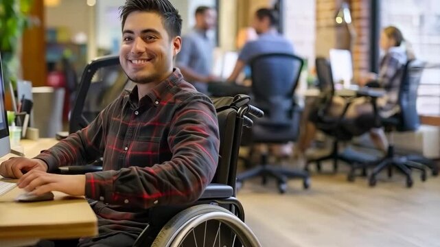Happy hispanic disabled young man in wheelchair working at office with computer
