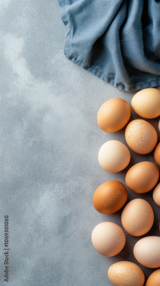 Poster assorted farm eggs displayed on a soft minimalist surface with a hint of a cloth creating an invitin