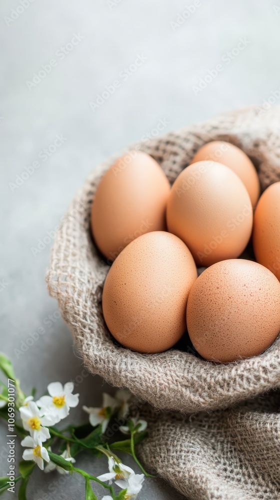 Poster a collection of fresh farm eggs sits nestled in a burlap sack creating a warm inviting display. acco