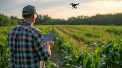 Agronomist operating drone for corn field surveillance and crop management