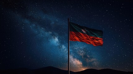 A flag of Eritrea waves in the wind against a backdrop of the Milky Way and a starry night sky.