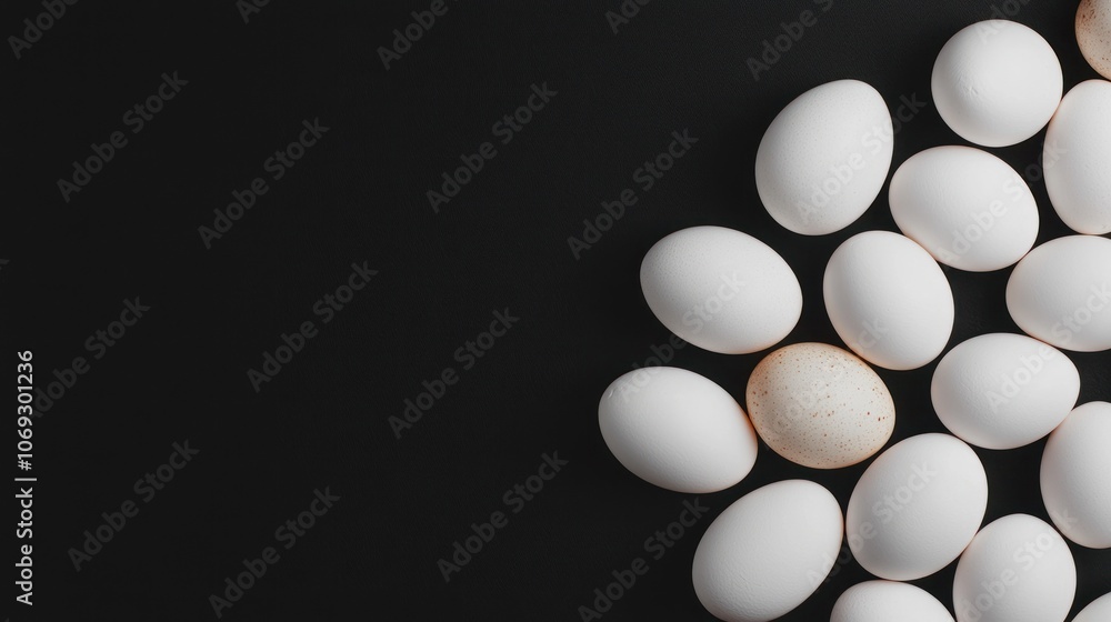 Poster fresh white farm eggs are arranged in a minimalist style on a dark surface creating a striking visua