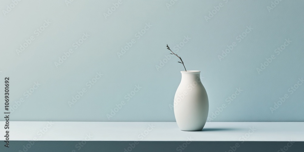 Poster a simple white vase showcases a single delicate stem against a soft blue backdrop. the uncluttered s