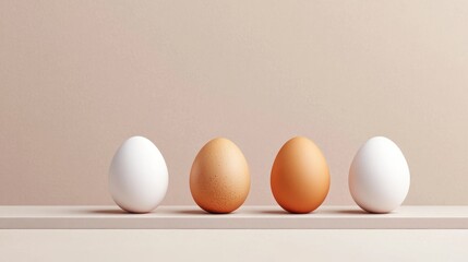 A selection of organic eggs in different shades carefully arranged on a minimalist shelf at a farm market showcasing their quality and freshness in a serene setting