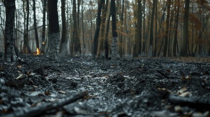 Charred forest floor after fire in autumn woodland
