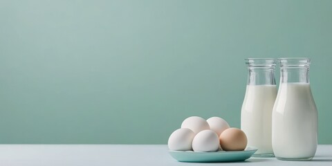 A clean minimalist display showcases organic farm products with a tray of eggs and glass bottles of fresh milk against a soothing backdrop emphasizing simplicity and quality