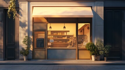 Cozy bakery shopfront in the early evening with warm lighting and welcoming atmosphere in a quaint neighborhood