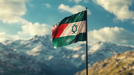 A green, red, and white flag with a symbol in the center waves in the wind against a backdrop of snow-capped mountains.