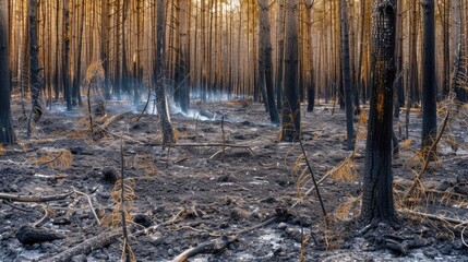 Burned forest landscape with charred trees and ash-covered ground