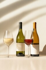 Assortment of wine bottles and glasses on a light background