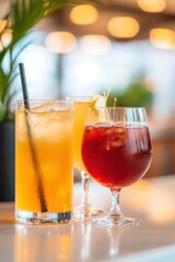 Refreshing summer cocktails on a blurred background with bokeh lights