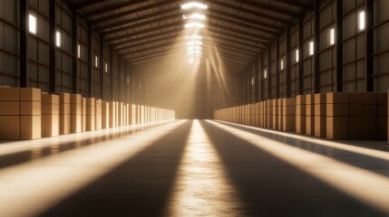 Fototapeta premium Bright light shines through a long industrial warehouse filled with stacked cardboard boxes