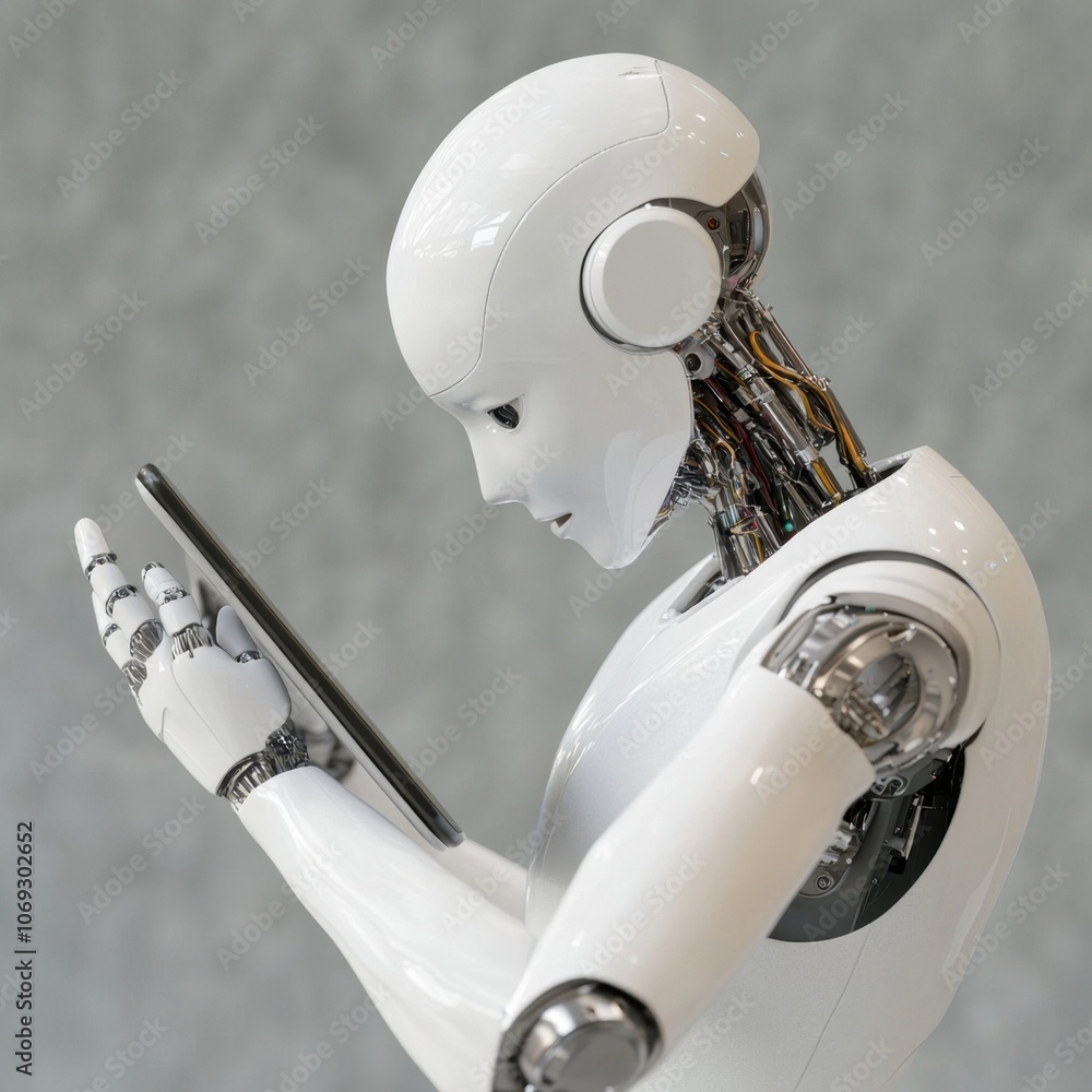 Poster futuristic robot holding a stylus and interacting with a digital device