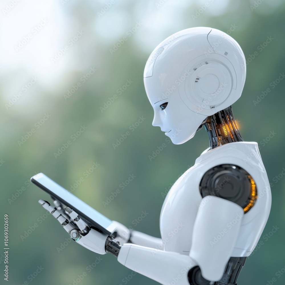 Poster futuristic robot using a digital device