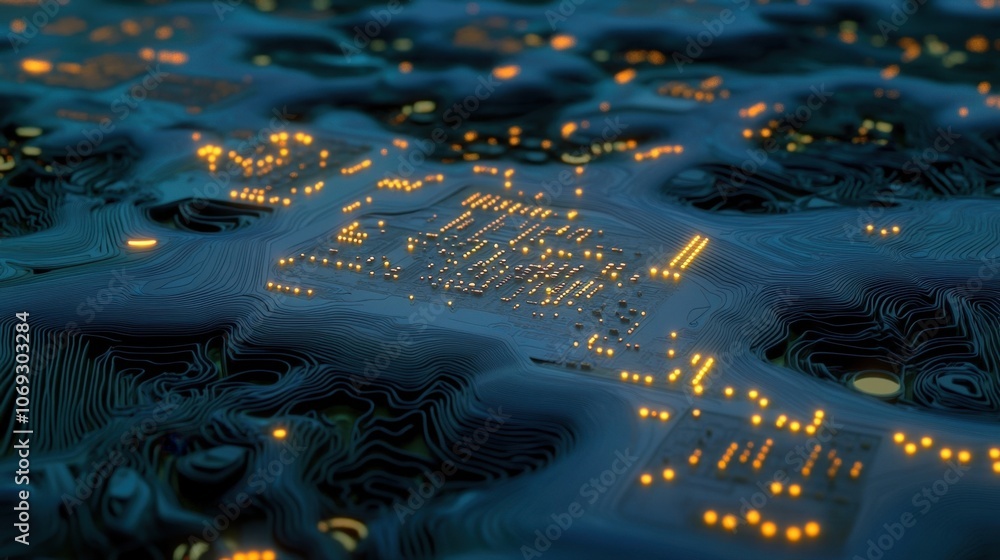 Poster glowing circuit board with intricate patterns and lights