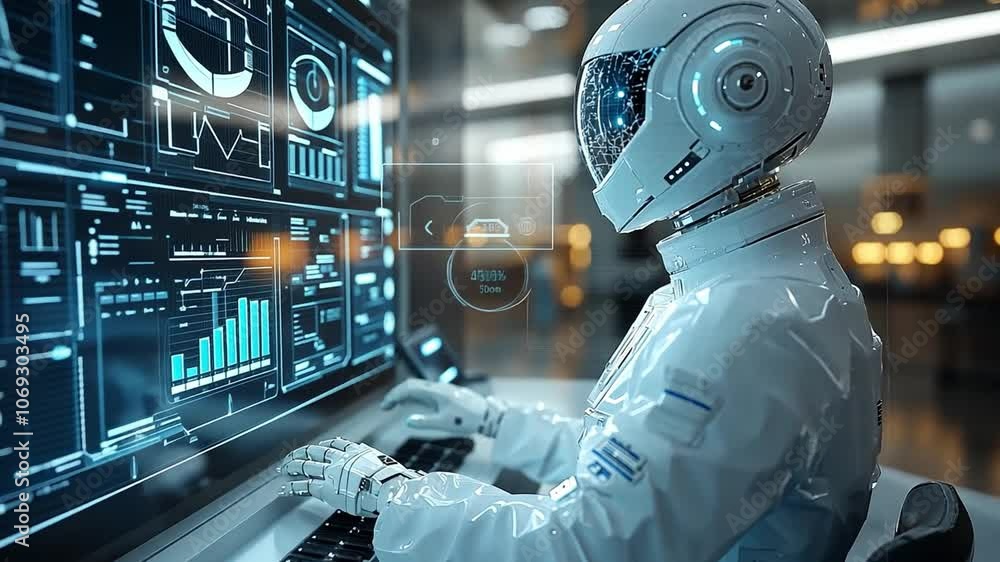 Aufkleber a futuristic astronaut analyzes data on a high-tech computer in a modern control room at dusk
