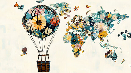 Obraz premium A painting of a hot air balloon with a map of the world on its back and butterflies flying around it