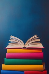 Fototapeta premium Colorful books stacked with an open book on top