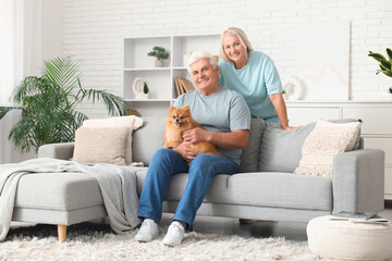 Happy senior couple with cute Pomeranian dog sitting on sofa at home