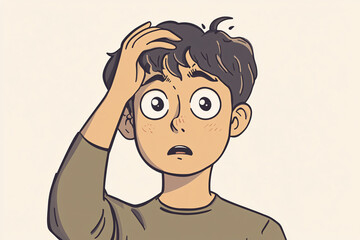 Illustration of a cartoon boy with a hand on his head looking confused and wide-eyed expressing surprise or bewilderment
