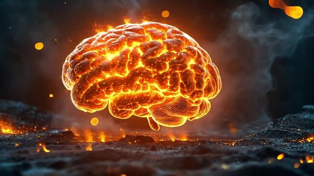 Radiant brain rises from fiery ground, symbolizing creativity at dawn