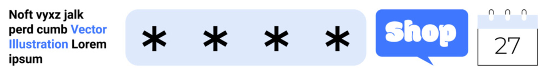 Multiple asterisks, a blue speech bubble with the word Shop, calendar with date 27. Ideal for online shopping, security, e-commerce, reminder notifications, password protection. Banner for landing