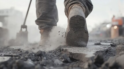 Close-up of a worker's boot kicking up dust and debris while walking on a construction site.