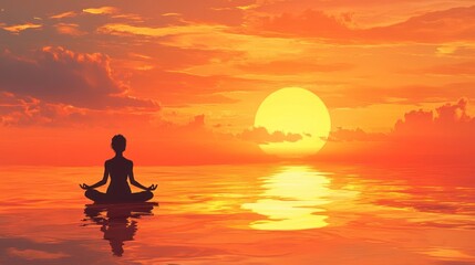 A silhouette of a woman meditating on the water at sunset.
