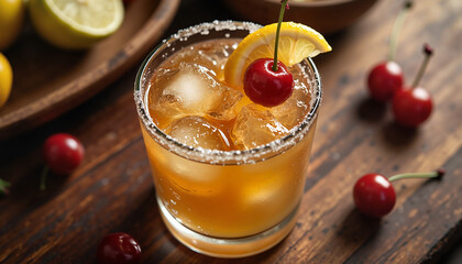 Refreshing cocktail with cherry and lemon garnish on wooden table