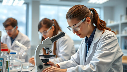 Young scientists conducting research investigations in a medical laboratory, a researcher in the foreground is using a microscope isolated with white highlights, png