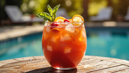 Refreshing fruit cocktail by poolside on sunny day