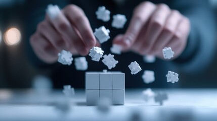 Hands manipulating abstract cubes in a snowy, winter scene