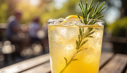 Refreshing lemon cocktail with rosemary on outdoor table