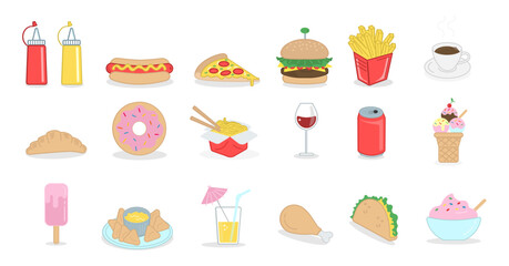 Food drawings, illustrations of snack bars, restaurants, markets, sweet and savory shops, French fries hamburgers, hot dogs and others. Vector colorful icons