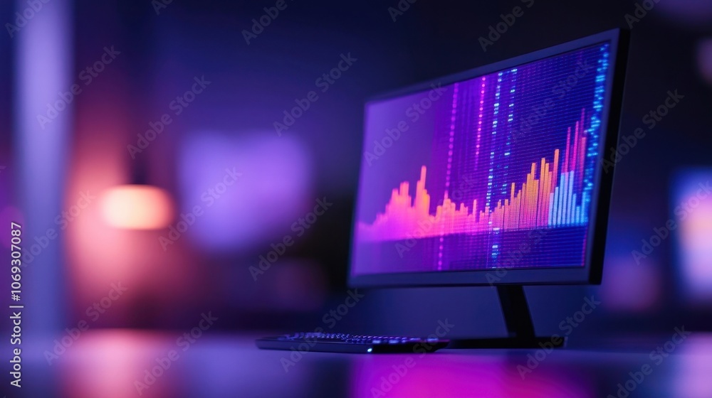 Poster vibrant data visualization on a computer monitor in a dimly lit room