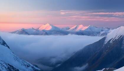  dreamy mountain range at dawn with snowy peaks, misty valley, and pastel-colored morning sky