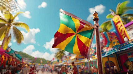 A colorful flag with a sunburst design waves in the breeze against a backdrop of palm trees and a bustling marketplace.