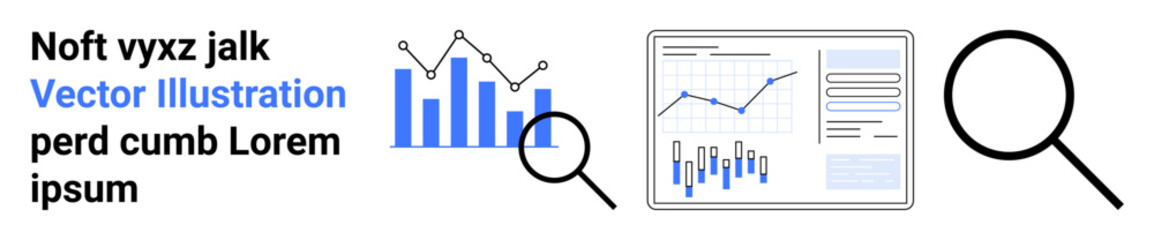 Text elements, magnifying glass, bar and line graphs, document in frame with more graphs and charts. Ideal for data analysis, reporting, statistics, business intelligence, presentations, research