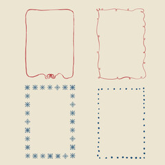 Vector Christmas frames of snowflake and bow. Hand-drawn vintage invitations isolated on beige background. Illustration for design, print, fabric or background.