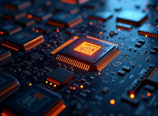 Glowing microchip on circuit board - perfect for tech blogs, AI websites, computer science presentations, digital transformation infographics, and futuristic designs