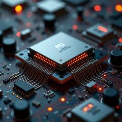 Glowing microchip on circuit board - ideal for tech blogs, AI websites, computer hardware presentations, and futuristic design concepts in digital innovation